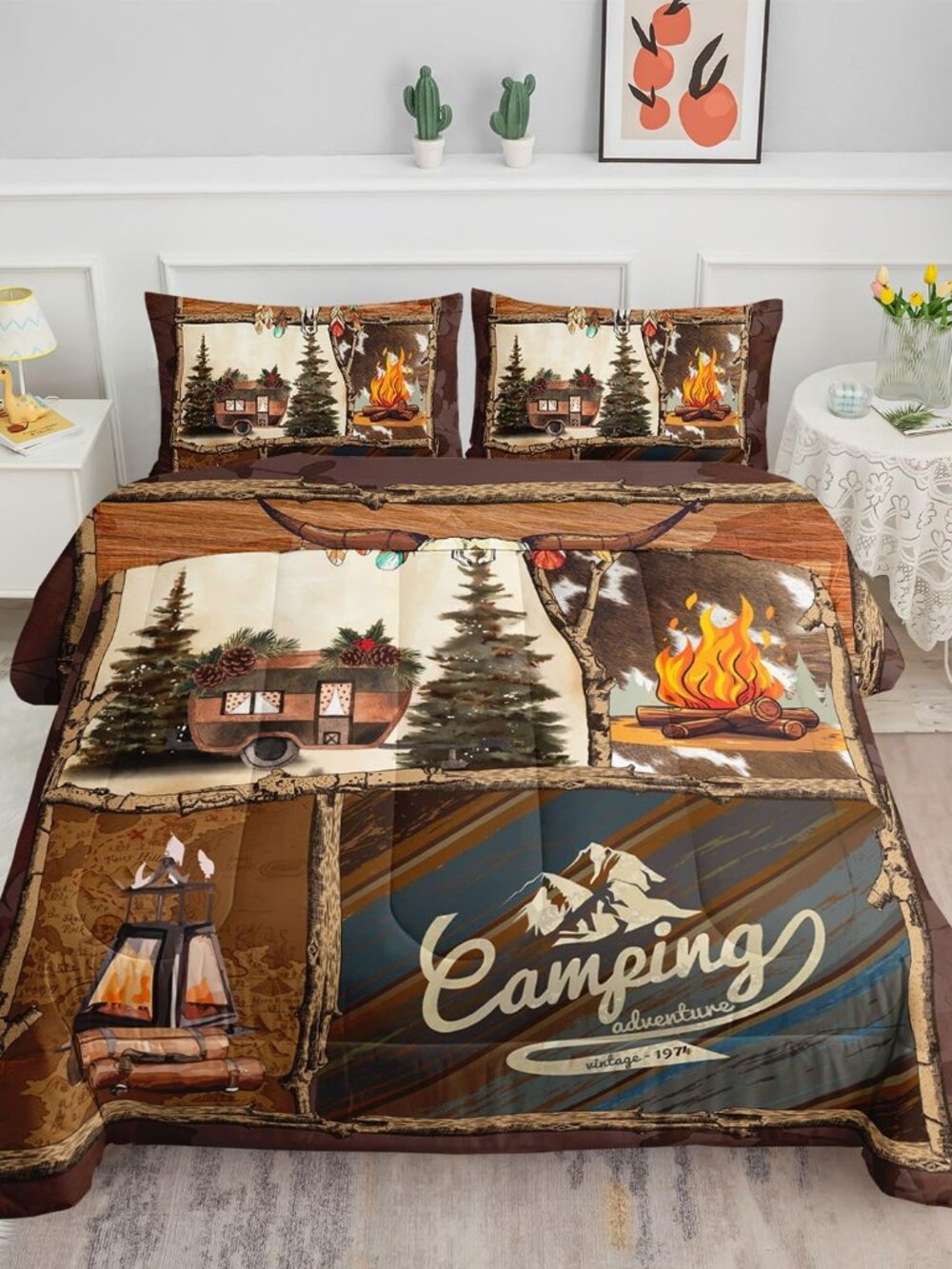 Camping Cabin Comforter Set for Kids Teens,Outdoor Adventure Campfire Comforter